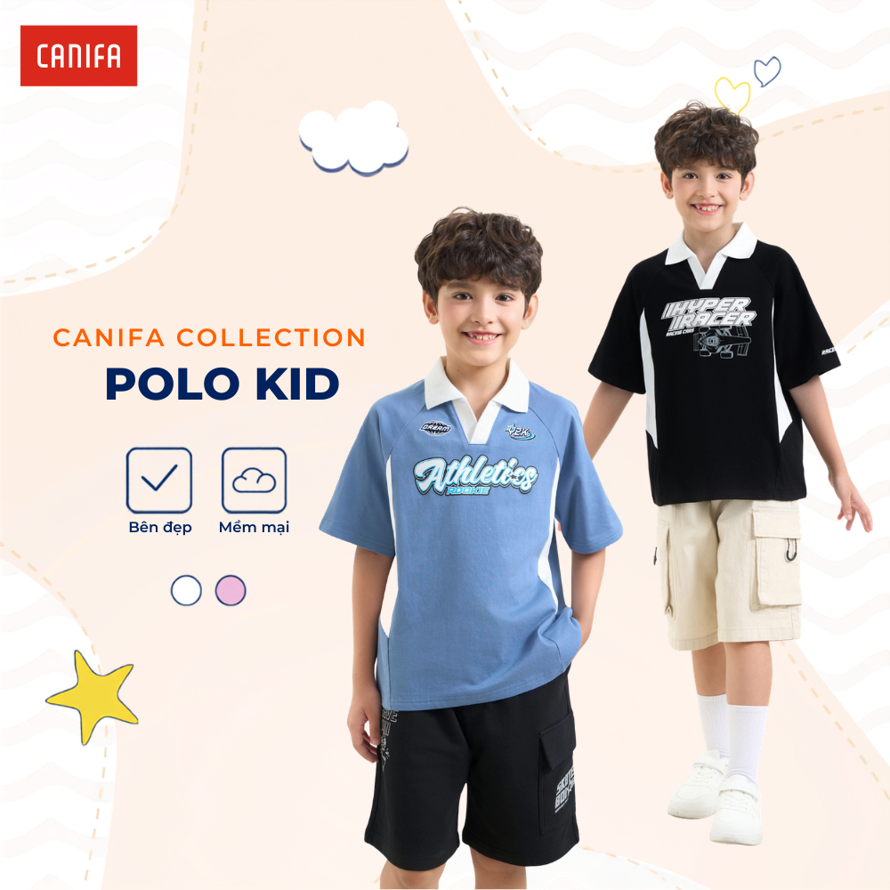 Áo polo bé trai CANIFA cổ bẻ cộc tay chất cotton mềm mại dáng rộng có hình in 2TP26C001