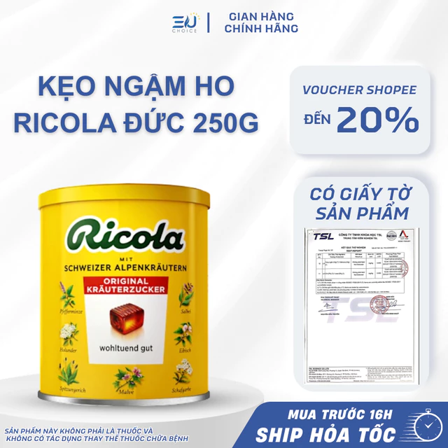 [CÓ GIẤY TỜ SẢN PHẨM] Kẹo ngậm ho Ricola Đức 250g vị thảo mộc mát họng giảm ho kẹo ngậm thơm miệng