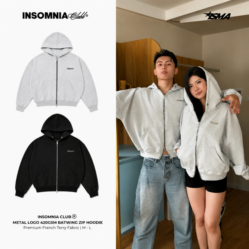[NEW ARRIVAL] Áo Khoác Hoodie Zip Nỉ Cua 420GSM INSOMNIA Logo Kim Loại Form Boxy Cánh Dơi Unisex - HD017