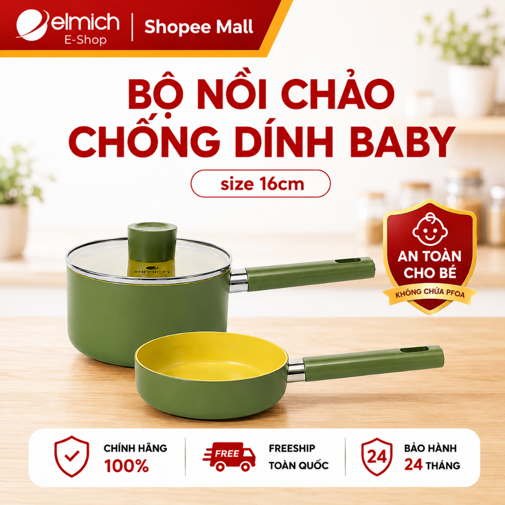 Bộ Nồi Chảo Chống Dính Ceramic Elmich Baby (Quánh & Chảo Size 16cm, Đáy Từ Tổ Ong) | BigBuy360 - bigbuy360.vn