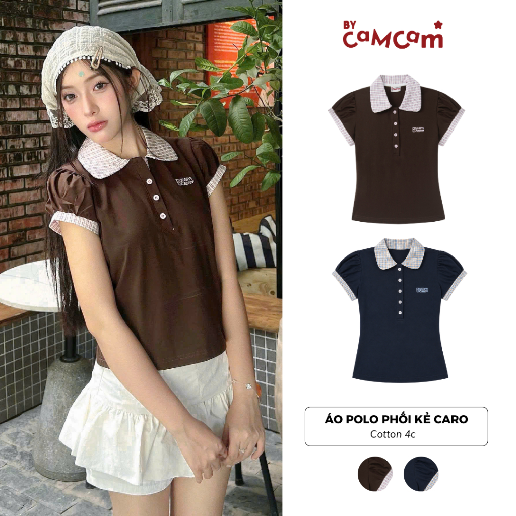 Áo Polo Phối Kẻ Ngắn Tay 𝑩𝒚𝒄𝒂𝒎𝒄𝒂𝒎 Tay Nhún Nữ Tính Hàn Quốc APN541 | BigBuy360 - bigbuy360.vn