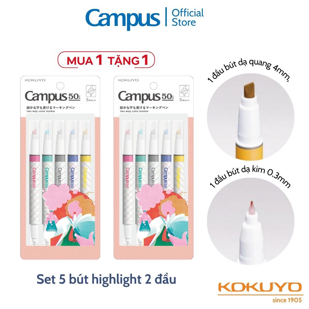 (Mua 1+1) Bộ 5 Bút Đánh Dấu Highlight 2 Đầu Chuẩn Nhật Mark+ Campus 50 Series Chính Hãng