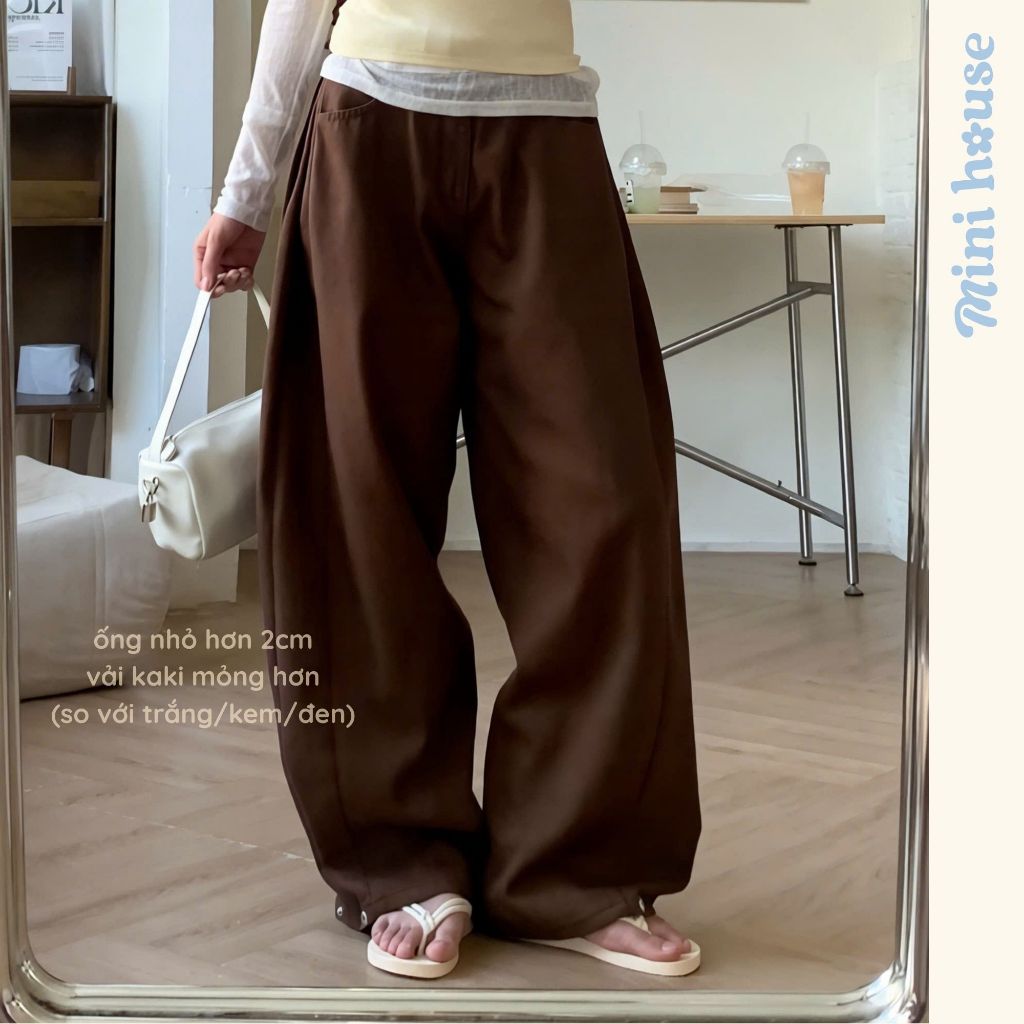 𝐌𝐢𝐧𝐢 𝐇𝐨𝐮𝐬𝐞 - Quần kaki ống rộng cạp cao form cong nhẹ phối line nhúm 3 màu TRẮNG/KEM/ĐEN cá tính năng động MINI05 | BigBuy360 - bigbuy360.vn