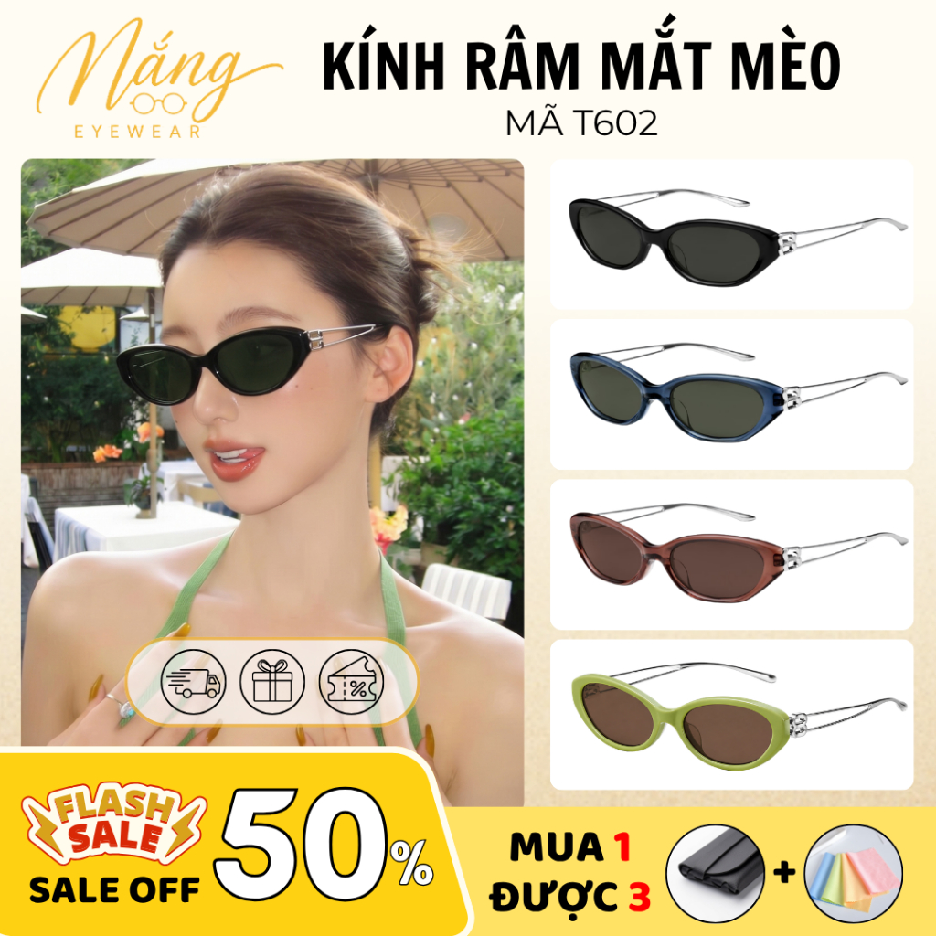 Kính Râm Mắt Mèo Thời Trang Nam Nữ Chống UV Gọng Kim Loại Cao Cấp Kính Mát Phong Cách Cool Ngầu Cổ Điển T602