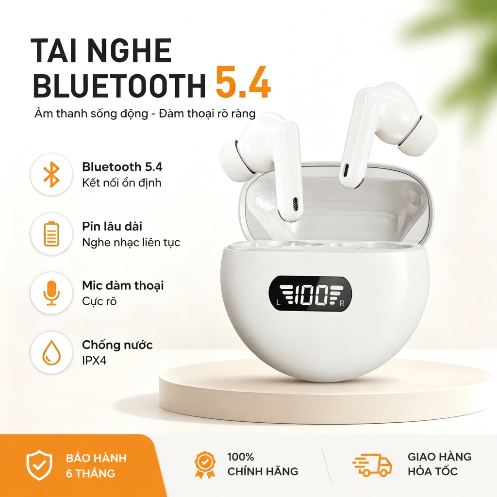 Tai nghe không dây Bluetooth, màn hình hiển thị LED, micrô tích hợp, điều khiển cảm ứng vân tay
