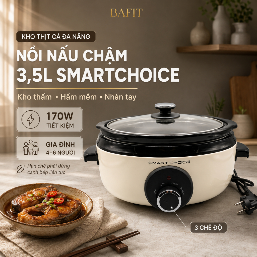 Nồi Nấu Chậm 3,5L SC SMART CHOICE Nồi Hầm Điện Đa Năng 170W Lòng Gốm Dày 3 Chế Độ Tự Động