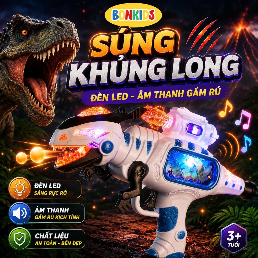 Máy Bắn Khủng Long Bạo Chúa Đồ Chơi Ánh Sáng Âm Nhạc Có Đèn LED Bon Kids