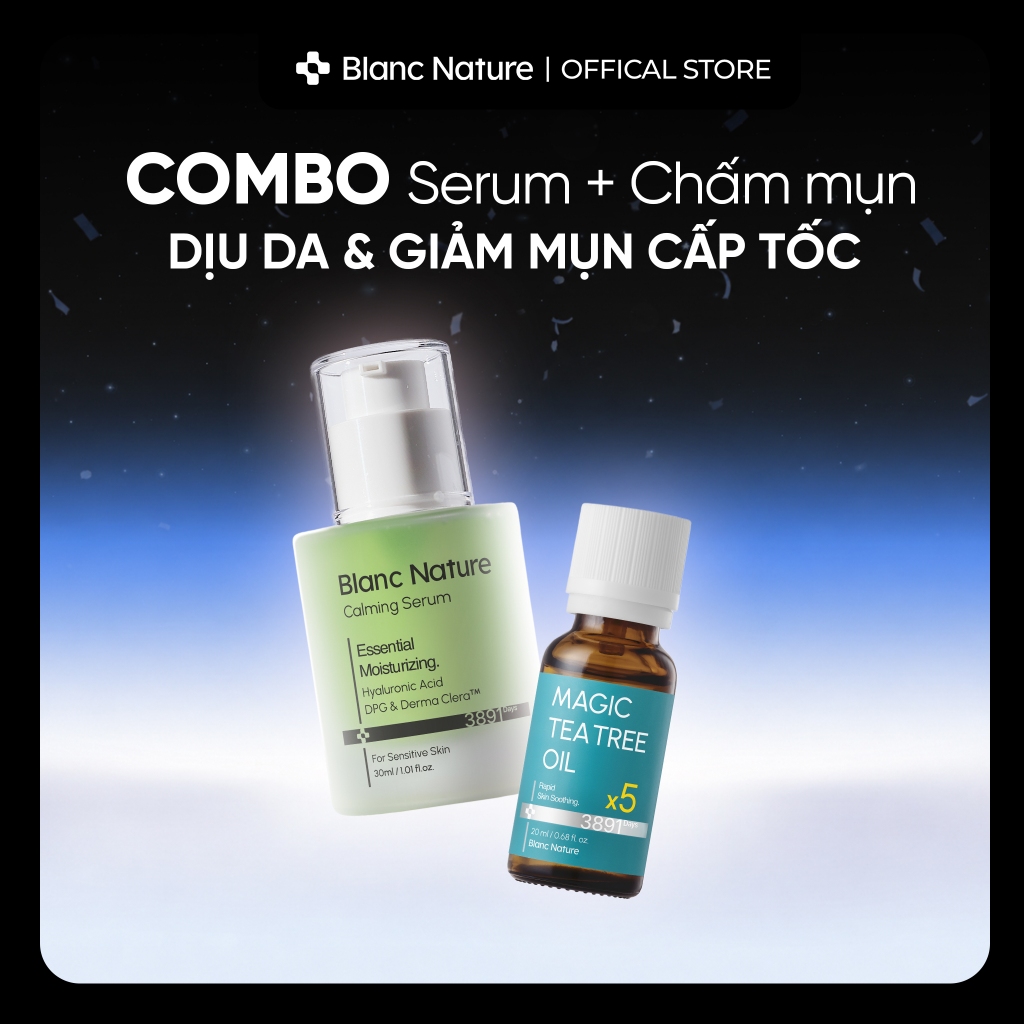 COMBO Dịu Da & Giảm Mụn Cấp Tốc - Blanc Nature Calming Serum 30ml + Tea Tree Oil 20ml