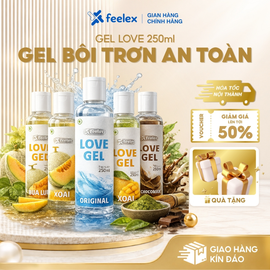Gel bôi trơn lâu khô Feelex Love Gel 5 mùi vị thành phần từ thực phẩm an toàn cho da nhạy cảm 250ml