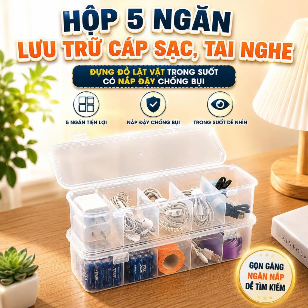 Hộp 5 ngăn lưu trữ cáp sạc, tai nghe đựng đồ lặt vặt trong suốt có nắp đậy chống bụi cứng cáp 28.5×7.5x7cm