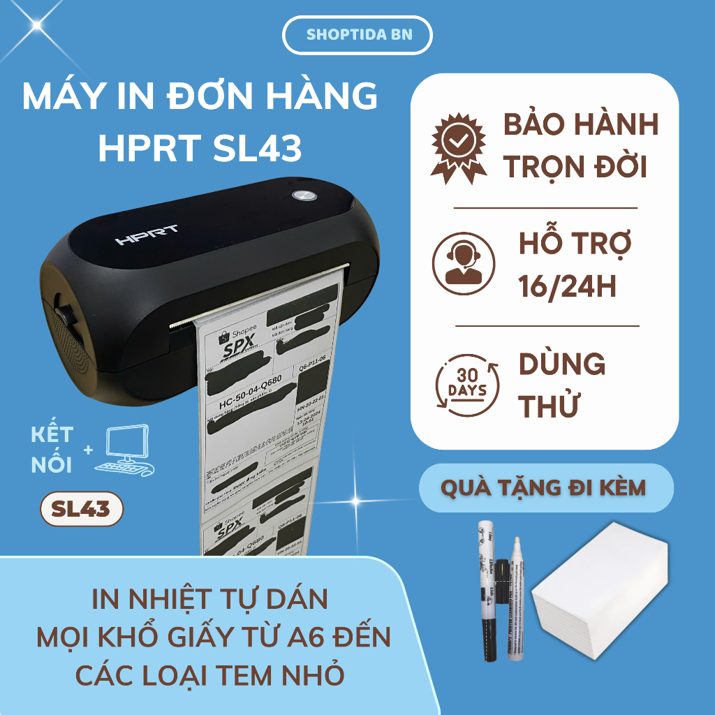 Máy in đơn hàng Shoptida SL43 in đơn hàng khổ a6, a7, phiếu gửi, minicode, logo tự dán, bảo hành 12 tháng
