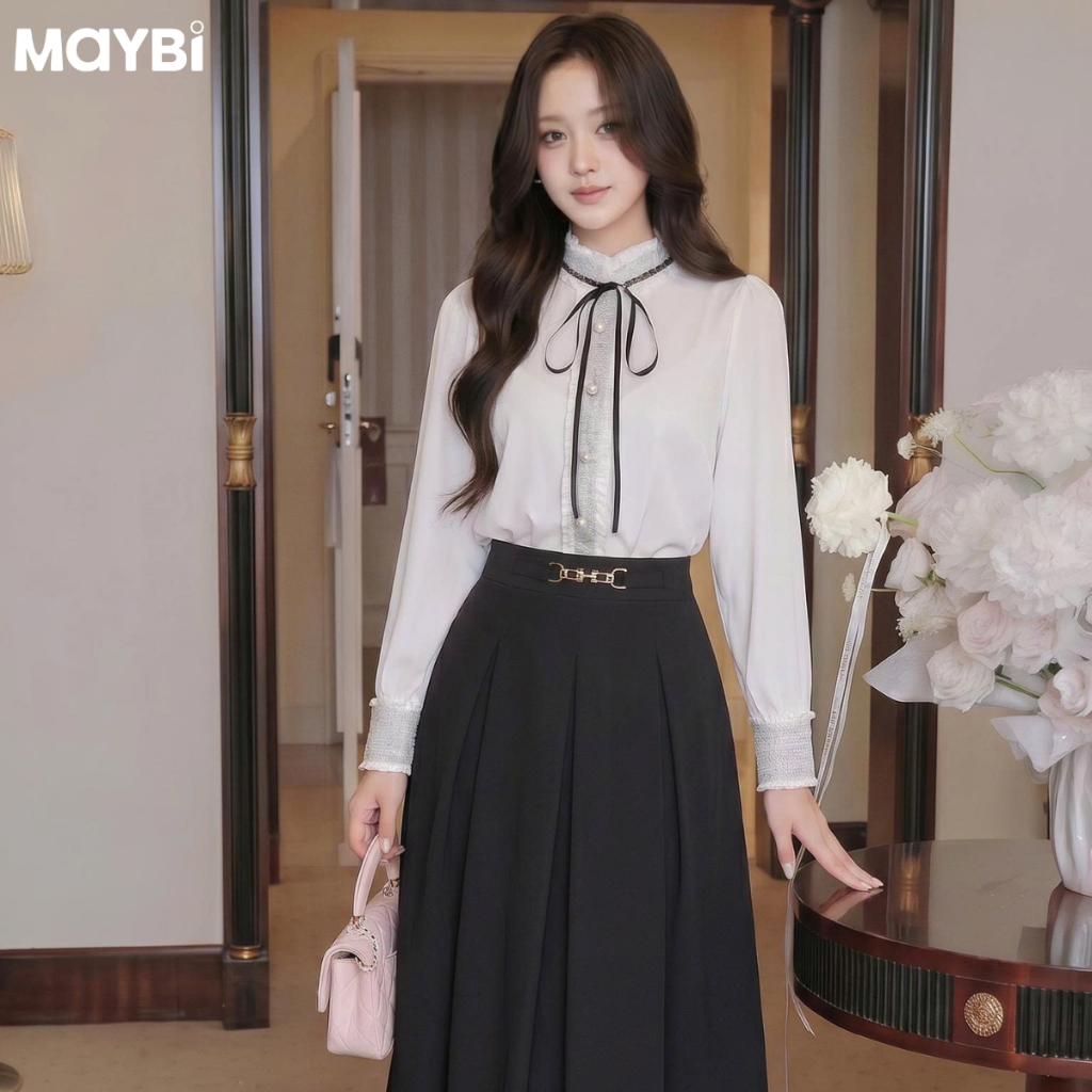 MAYBI Set áo sơ mi phối bố và chân váy dài xếp ly Éloise Set