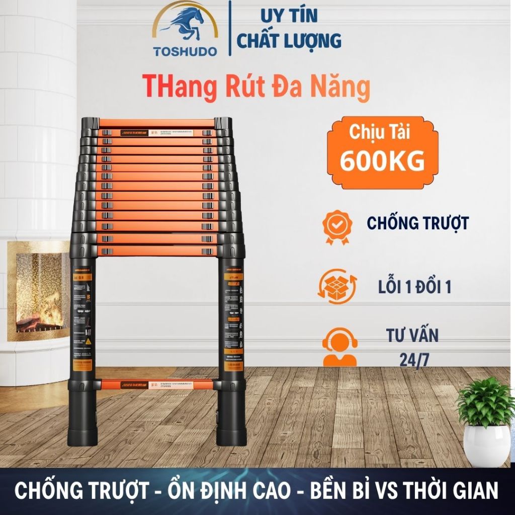 [MỚI] Thang Rút Đơn Thép TOSHUDO Cao Cấp (1.9m - 5.9m) - Chịu Tải 600kg, Chống Trượt Tuyệt Đối