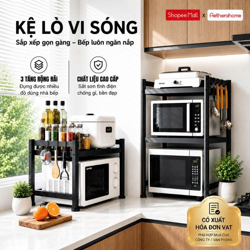 Kệ đựng đồ dùng cho lò vi sóng 2 Tầng AetheraHome Thép carbon Có thể kéo dài/thu gọn 36*79*64 cm