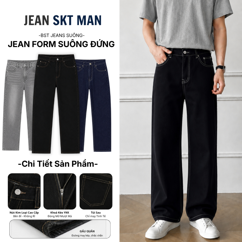 Quần Jean Nam Ống Suông Màu Đen Chỉ Nổi Form Rộng Thời Trang Mùa Thu JeanSktMan