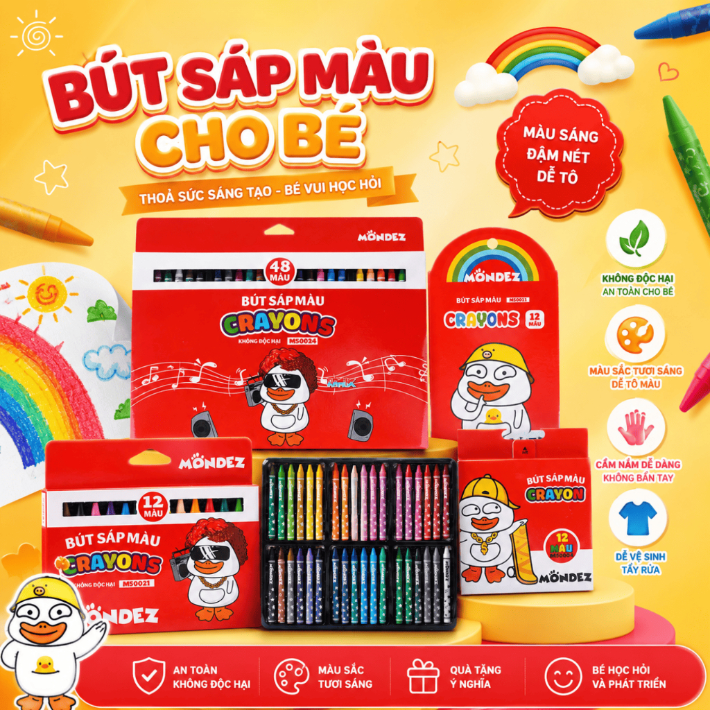 Bút Sáp Màu Cho Bé Tập Tô MONDEZ 12-48 Màu Tươi Sáng, Bám Giấy Tt, t Vụ An To n Cho Bé Tập Tô
