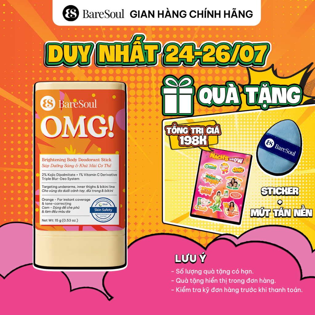 Sáp nhung dưỡng sáng & che khuyết điểm, khử mùi BareSoul OMG Cam 15g - Che phủ tức thì - Giúp làm sáng vùng nách
