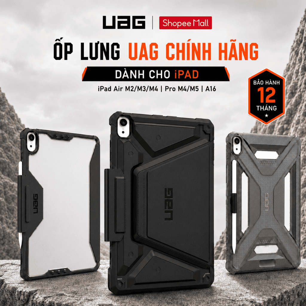[iPad Air M2/M3/M4 | Pro M4/M5 | A16] Ốp lưng chống sốc UAG | Chống sốc quân đội có khe giữ bút bảo vệ, bìa gập folio