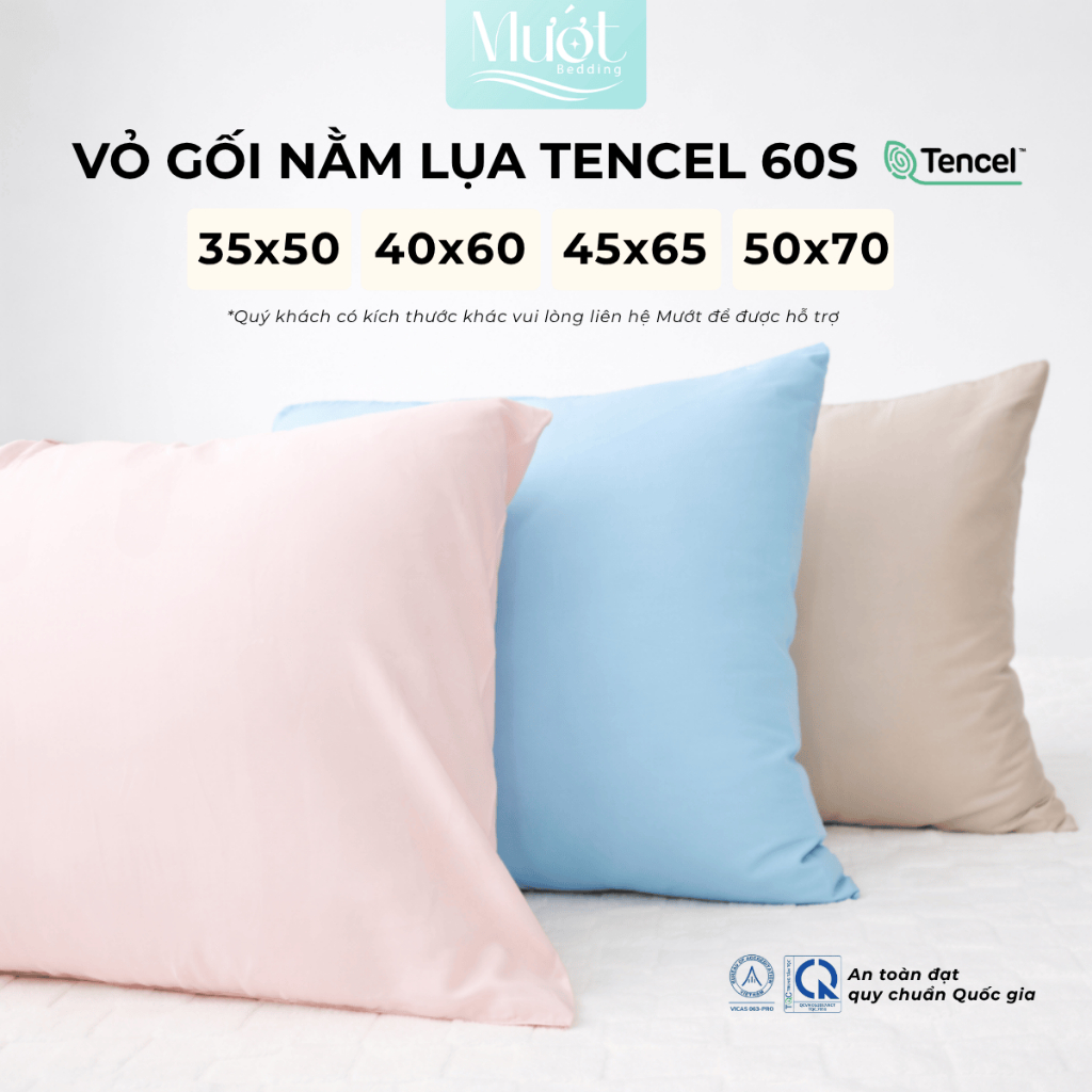 Vỏ gối Lụa Tencel 60s trơn màu 50x70 45x65 40x60 35x50cm Mướt Bedding áo gối 100% Tencel đầy đủ size