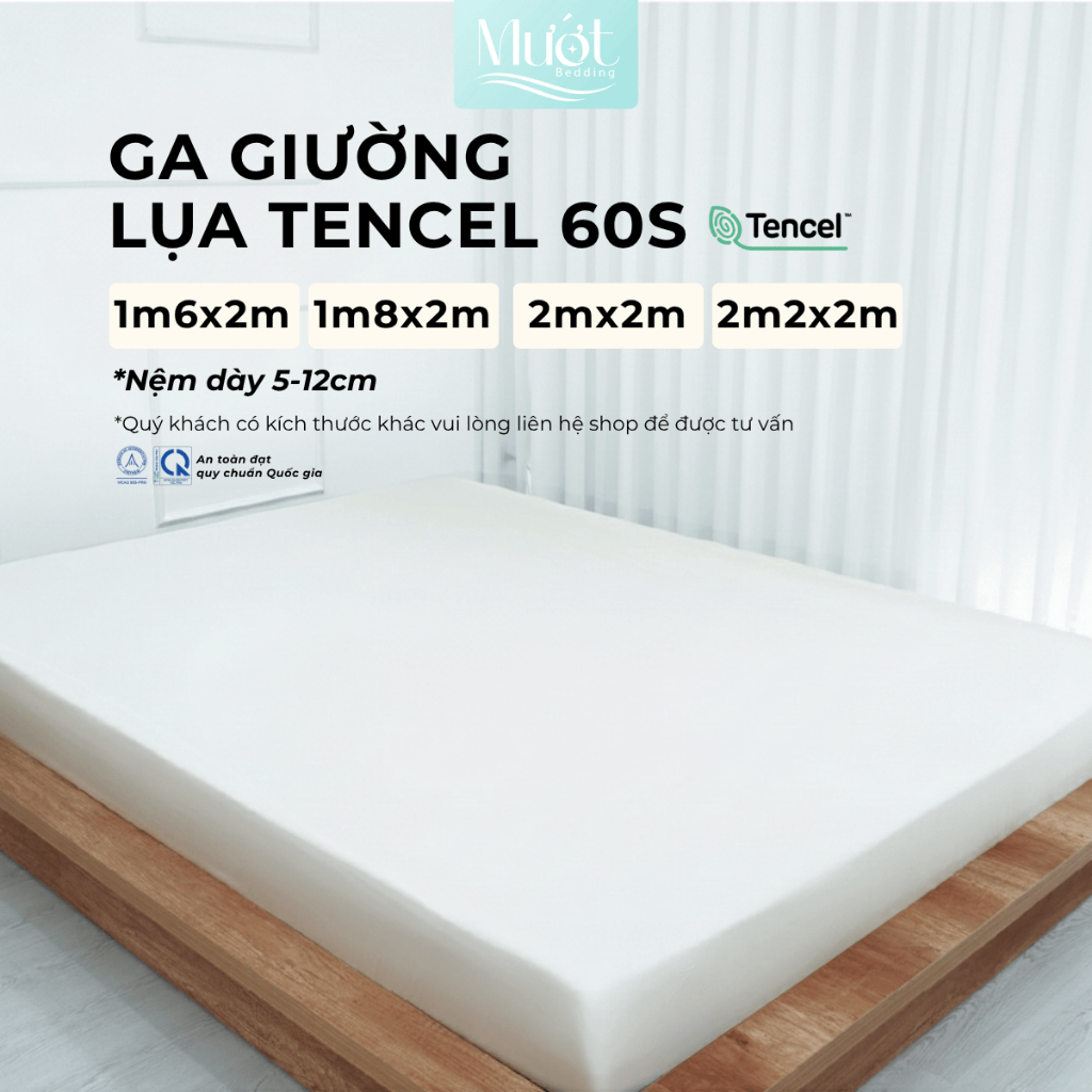 Ga giường kích thước 1m6x2m, 1m8x2m, 2mx2m, 2m2x2m (Dày 5-12cm) Lụa Tencel 60s Mướt Bedding cao cấp trơn màu, bo chun | BigBuy360 - bigbuy360.vn