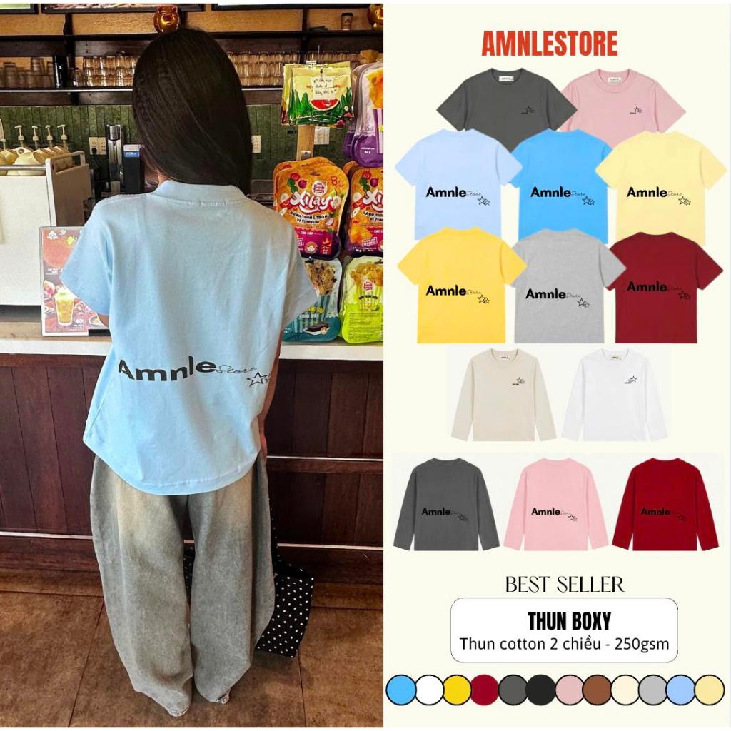 Áo thun BOXY trơn Local Brand Amnle Store tay dài , tay ngắn "AMNLE STORE" cổ tròn cotton co giãn 2 chiều 250gsm Unisex