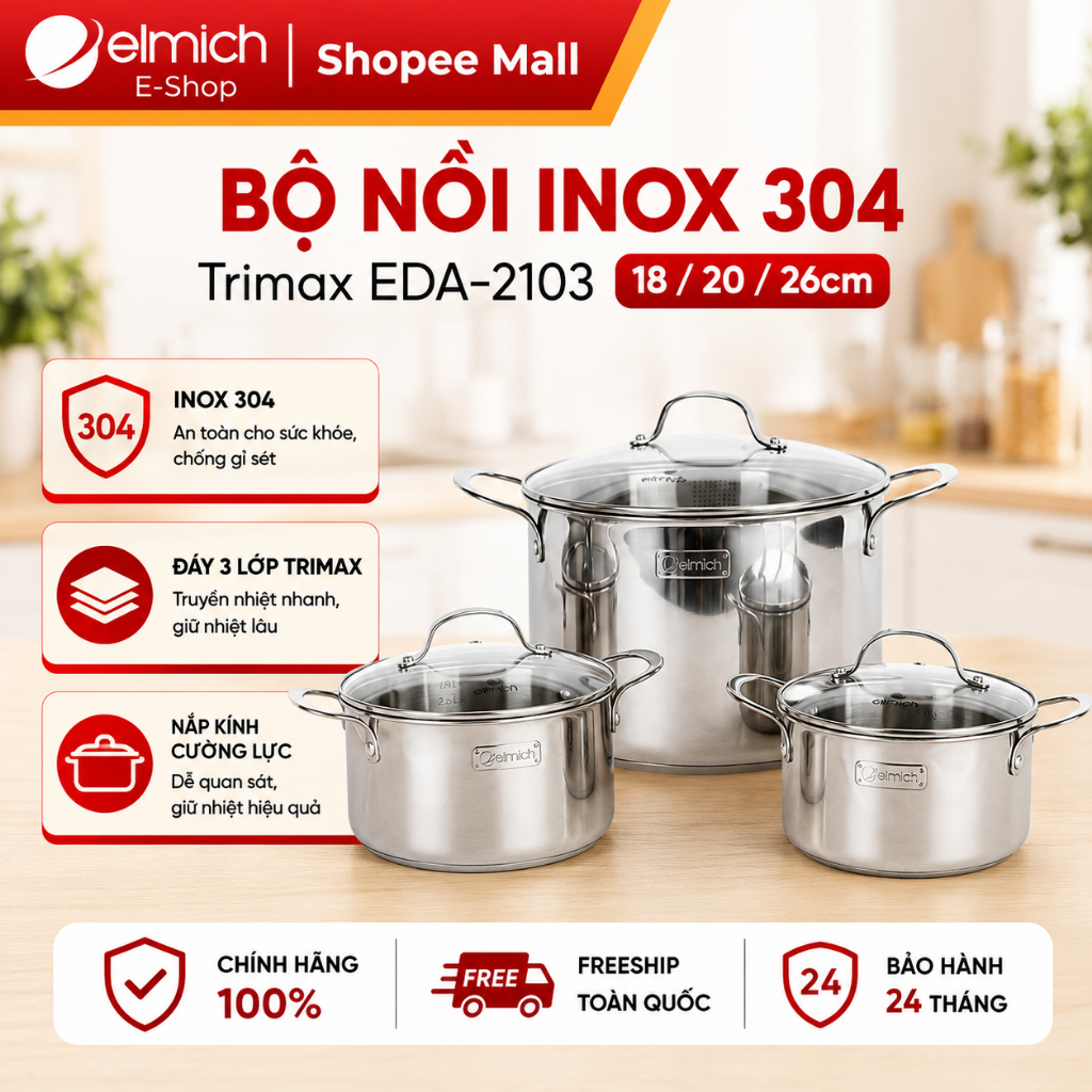 Bộ nồi inox 304 3 lớp đáy liền Elmich EDA-2103 18/20/26cm - Dùng Bếp Từ, Bộ nồi inox chính hãng | BigBuy360 - bigbuy360.vn