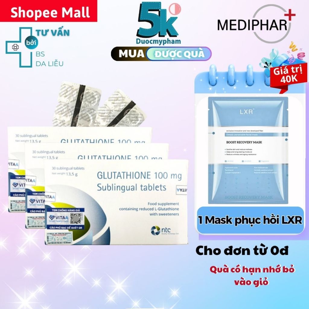 COMBO 3-5 HỘP) Viên Ngậm Trắng Da Dưới Lưỡi Glutathione 100mg Nhập Khẩu Italy (Hộp 30 viên)