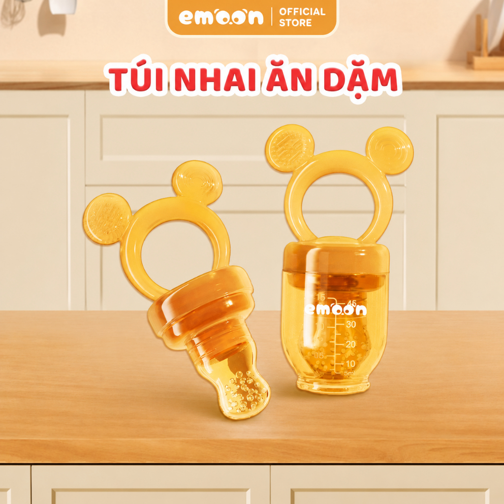 Túi nhai ăn dặm cho bé Emoon silicone bạch kim an toàn, chống hóc tích hợp đầu gặm nướu