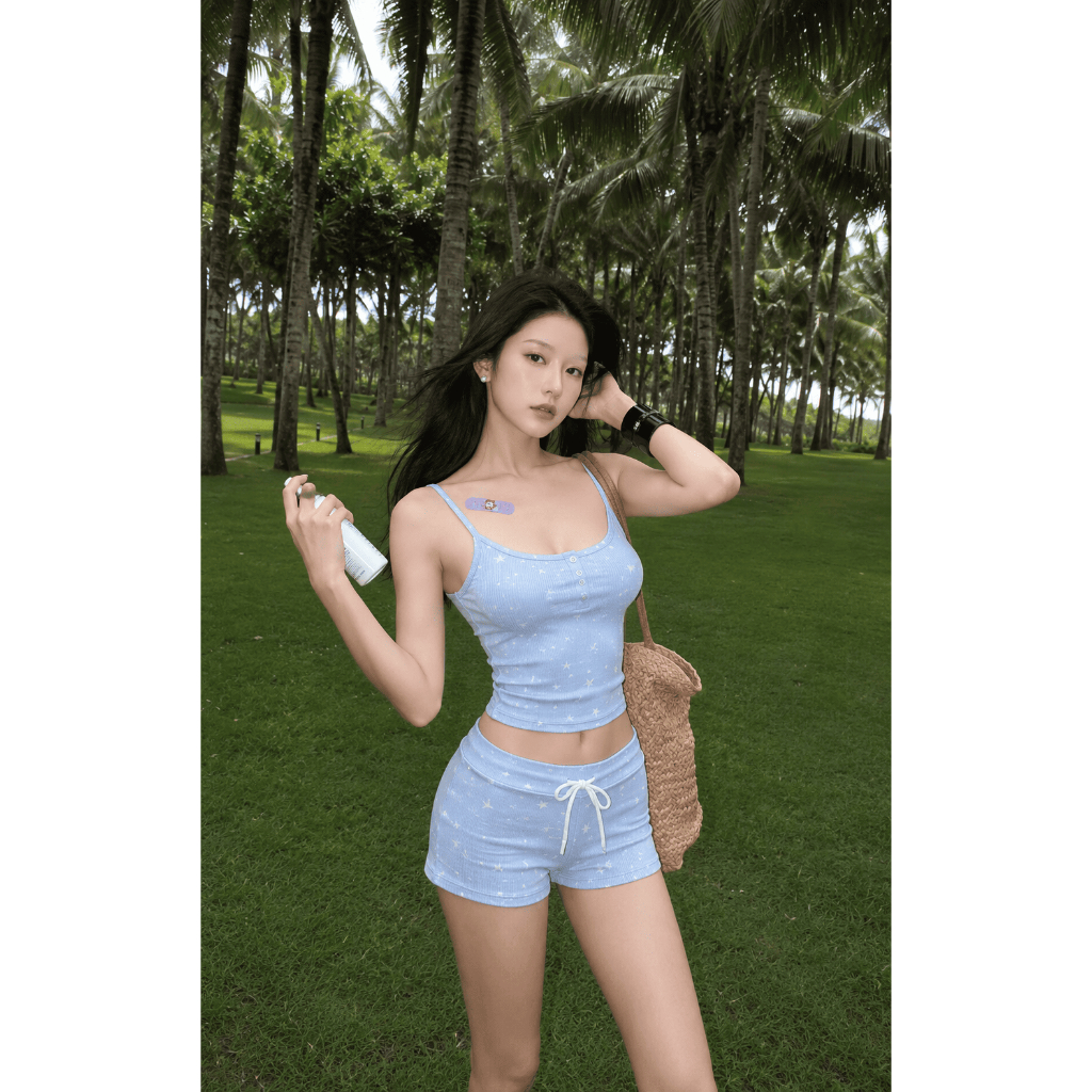 Bộ Áo 2 Dây Nữ Kèm Quần Short Dáng Ôm Chất Borip Lụa Co Giãn Mềm Mịn In Họa Tiết Ngôi Sao Y2K Cá Tính - SET01 | BigBuy360 - bigbuy360.vn