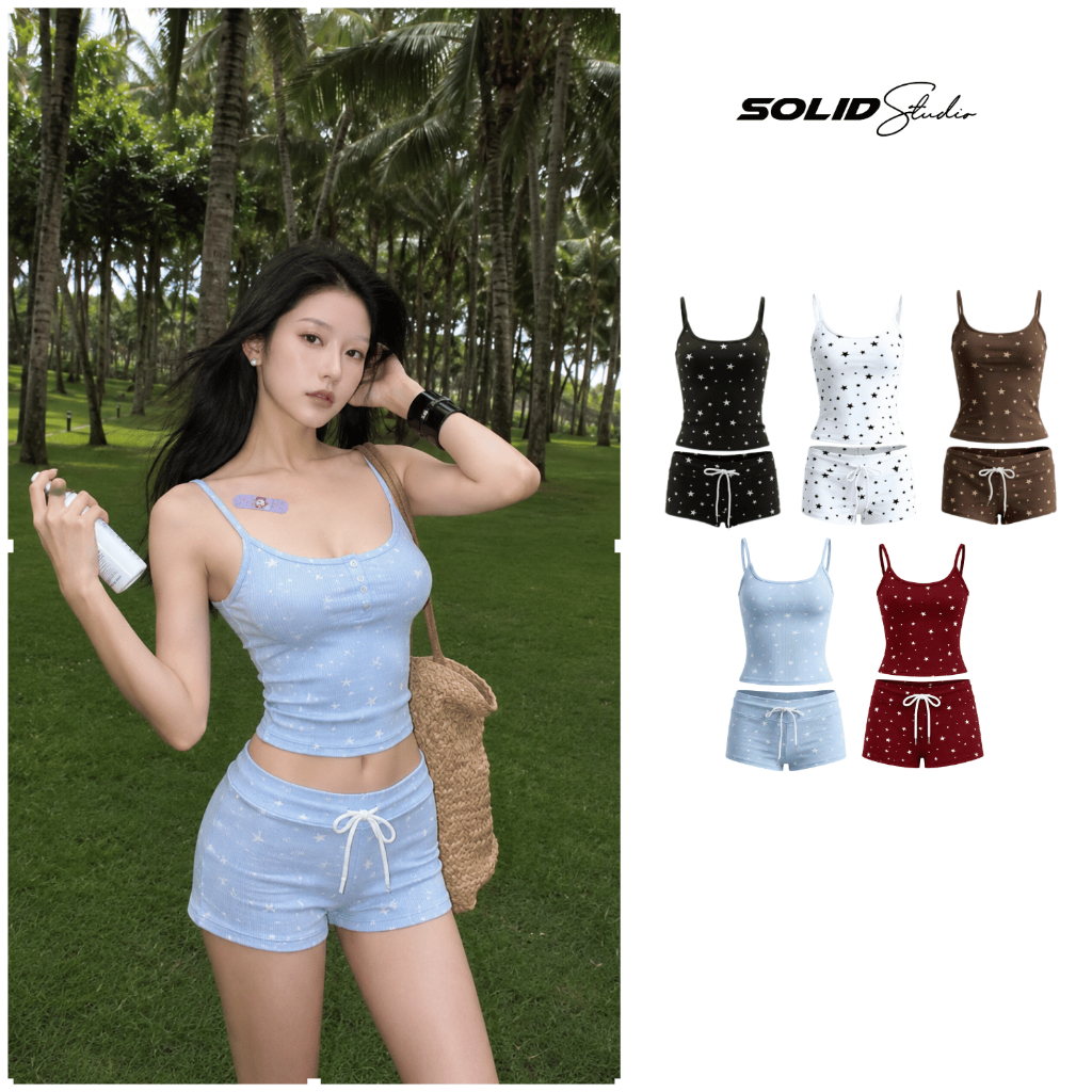 Bộ Áo 2 Dây Nữ Kèm Quần Short Dáng Ôm Chất Borip Lụa Co Giãn Mềm Mịn In Họa Tiết Ngôi Sao Y2K Cá Tính - SET01 | BigBuy360 - bigbuy360.vn