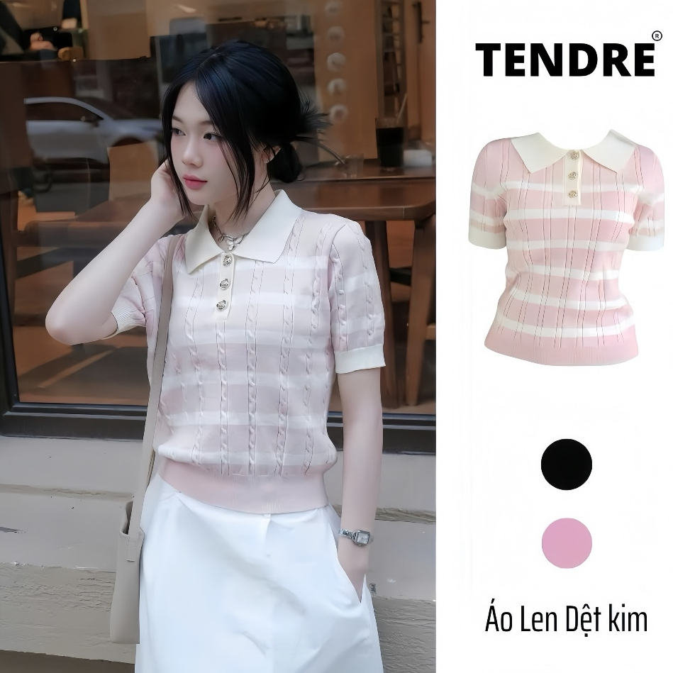 (Deal Mở Bán) TENDRE x BST Hè 2025 Áo Len Dệt Kim Hè 2 Màu Phối Cúc Vàng Đồng Bông Hoa, Kết Hợp Kẻ Ngang M09
