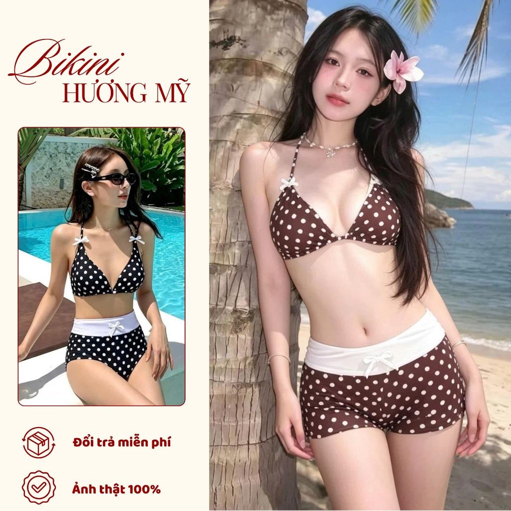 Bikini 2 mảnh nữ, set bikini dáng quần đùi phối nơ đi biển, đi bơi chấm bi, co giãn 4 chiều siêu tôn dáng