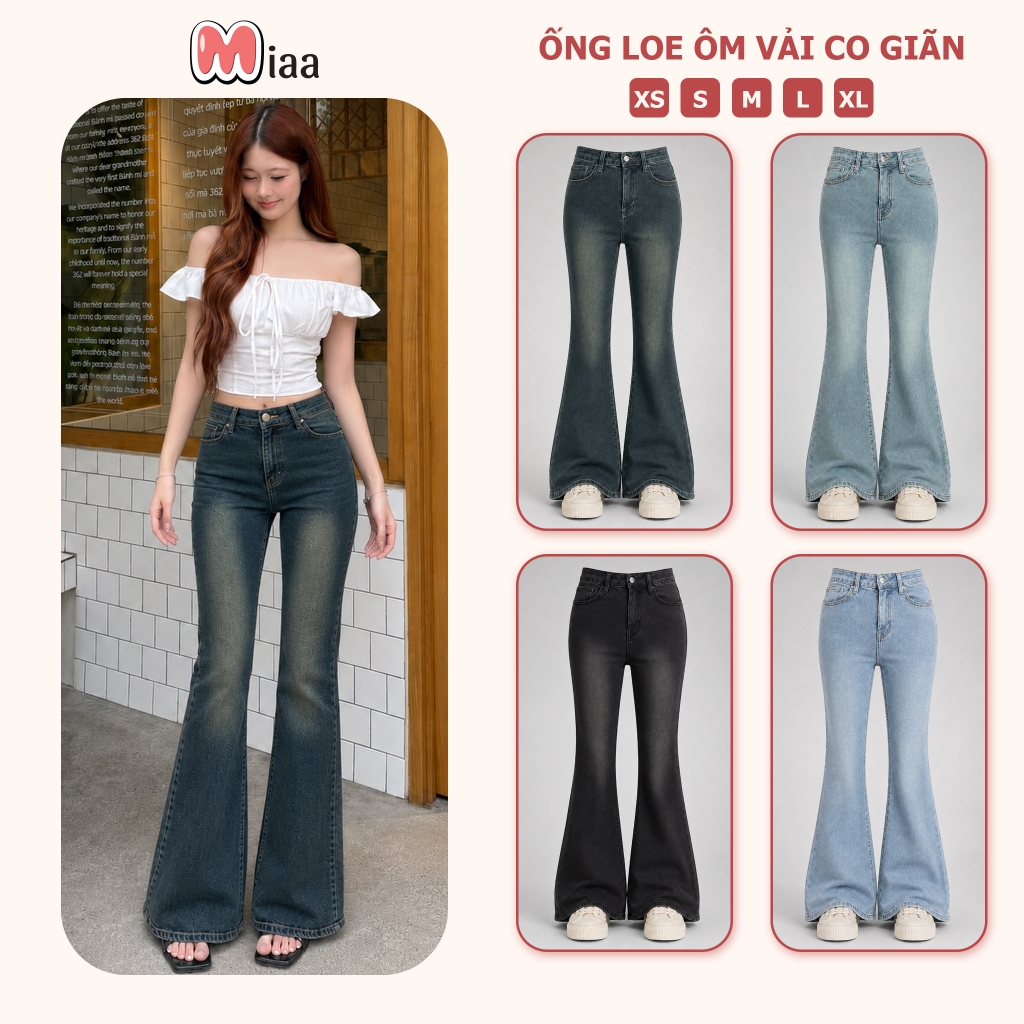 Quần Jeans Nữ Ống Loe MIAA Lưng Cao Màu RETRO Chất Dày Dặn Co Giãn , Quần Bò Loe Cạp Cao Tôn Dáng