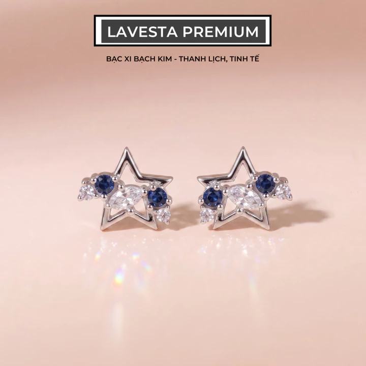 Bông tai nữ bạc xi bạch kim cao cấp LAVESTA LAV242 Rina thiết kế mặt ngôi sao đá xanh biểu tượng khát vọng và quyến rũ