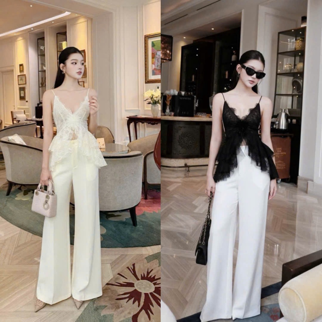 Set Áo Ren Hai Dây Phối Bèo Kèm Quần Suông Dài Sang Trọng