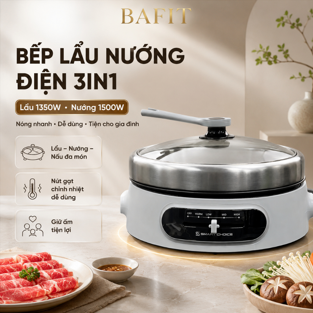 Nồi Lẩu Điện Đa Năng 4L SC SMART CHOICE Bếp Nướng Điện 1500W Khay Lẩu Inox Liền Khối