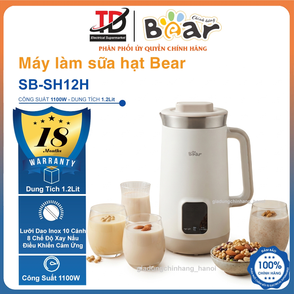 Máy Làm Sữa Hạt Bear SB-SH12H, 1.2Lit - 1200w, 8 Chế Độ Xay - Lưỡi Dao Inox 10 Cánh, Hàng Chính Hãng