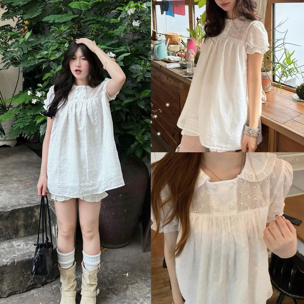 (Hàng L1) Áo Váy babydoll tay phồng thô ren thêu hoa DAISY dáng MOCHI x Kèm quần bo chun