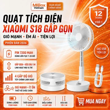 Quạt Tích Điện Xiaomi S18 Pin 7200mAh Dùng Đến 20h, Gấp Gọn Kéo Dài 1m, Quạt Sạc Siêu Bền