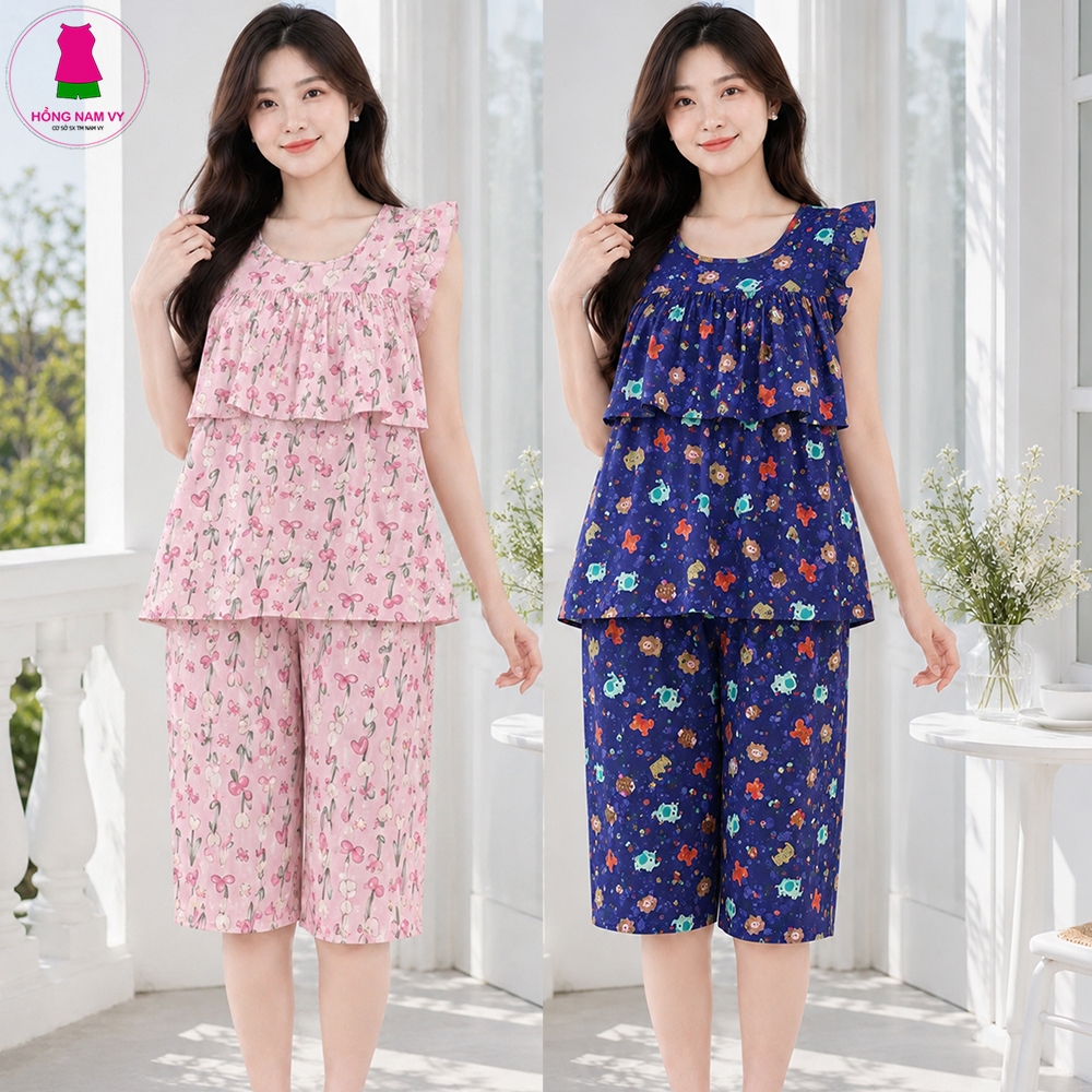 Bộ tole lanh nữ mặc nhà có Bèo Ngực lửng cánh tiên 48-75kg tole 2 da mịn đẹp
