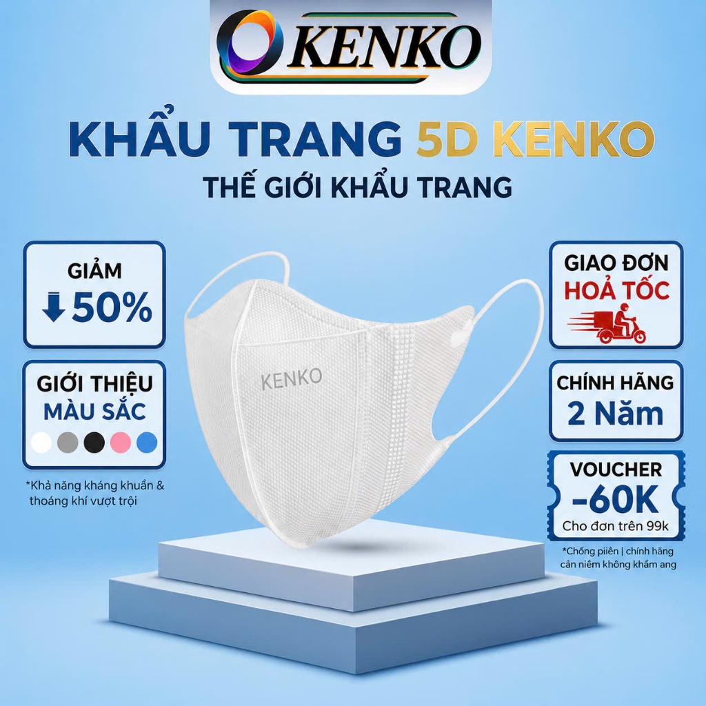 SHIP HCM HOẢ TỐC 2H]Khẩu trang 5D KENKO kháng khuẩn, khẩu trang KENKO 5D màu trắng dành cho người lớn