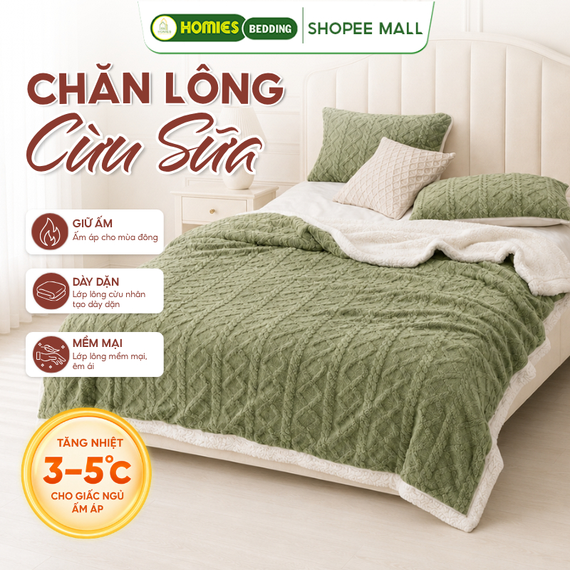 Chăn Lông Cừu HOMIES Bedding & Décor, Làm Ấm Nhanh, Phiên Bản Thu Đông 2026 - Size 2m x 2m3