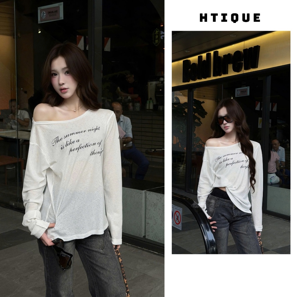 HTIQUE - DEAL Áo Phông Giấy Nữ Tay Dài In Chữ Form oversize, Áo phông giấy Mỏng Nhẹ Co Giãn Cá Tính AT30