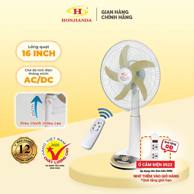 Quạt Sạc Tích Điện dạng đứng AC&DC 16 inch Honjianda FL426H/FL628H có đèn LED hỗ trợ cúp điện