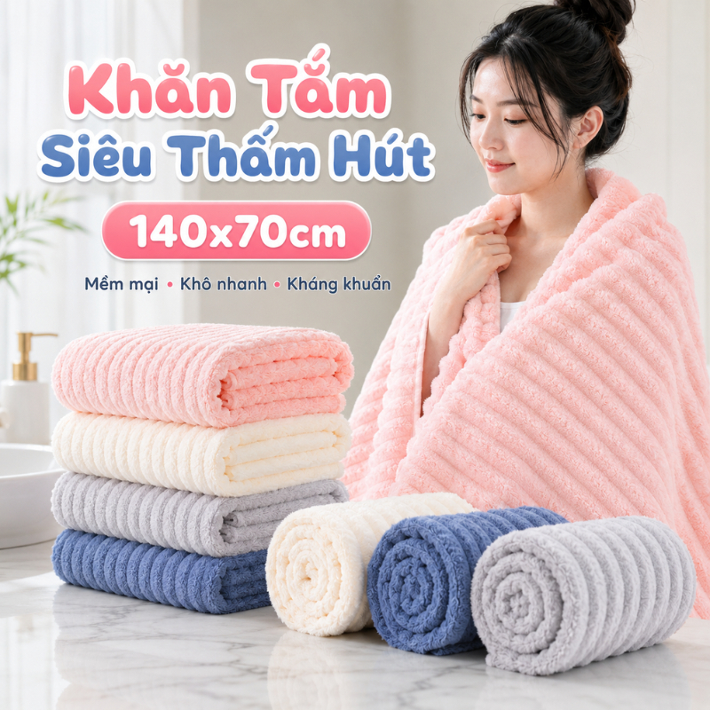 [HÀNG LOẠI 1] Khăn Tắm Microfiber Siêu Thấm Hút Dạng Sóng Nước Mềm Mại, Dày Dặn, Không Rụng Lông