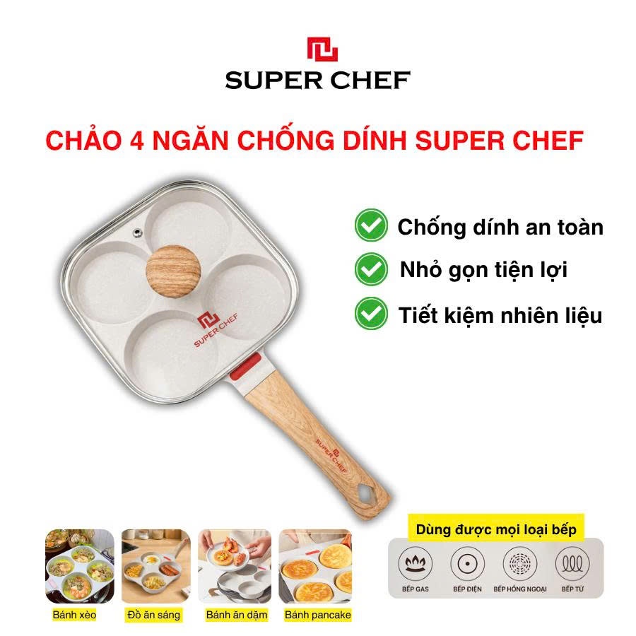 Chảo 4 Ngăn Có Nắp Đậy Super Chef Chảo Chiên Trứng Làm Bánh Đổ Bánh Có Cảm Biến Nhiệt Nấu Được Mọi Loại Bếp
