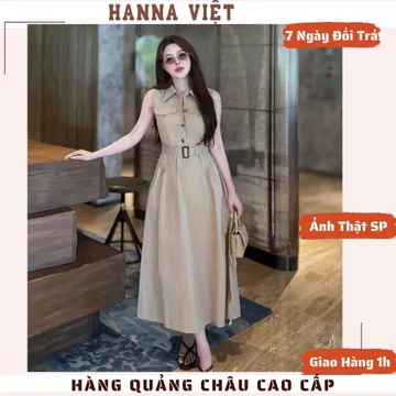 Váy Nữ Sang Chảnh, Váy Sơ Mi, Váy Dài Sát Nách Cổ Sơ Mi Kèm Đai Màu Be Cao Cấp HNS Ms78