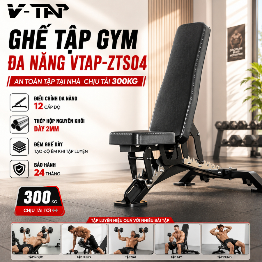 Ghế Tập Gym Đa Năng V-ZTS04, Ghế Tập Tạ Chịu Lực 300kg, Thép Hộp Nguyên Khối 2mm (Bảo Hành 24 Tháng)