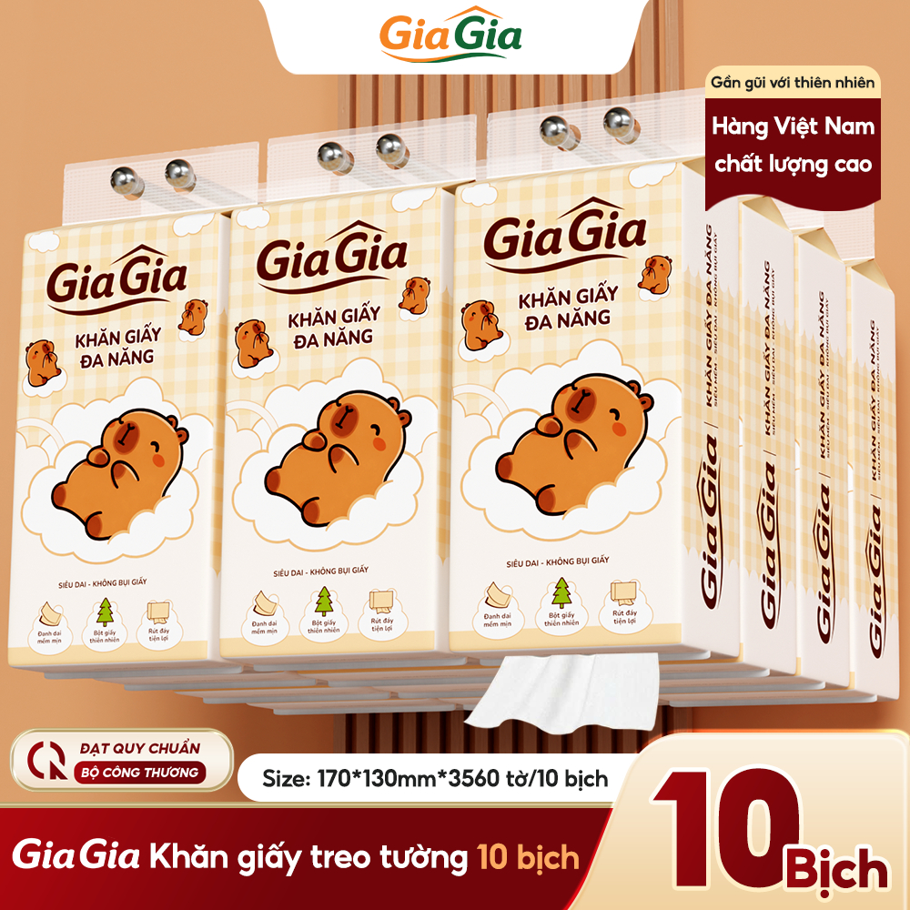 Giấy Rút Đa Năng Cappy Gia Gia 10 Bịch, Giấy Rút Treo Tường, Giấy Vệ Sinh 1.780 Lượt Rút, Mềm Dai
