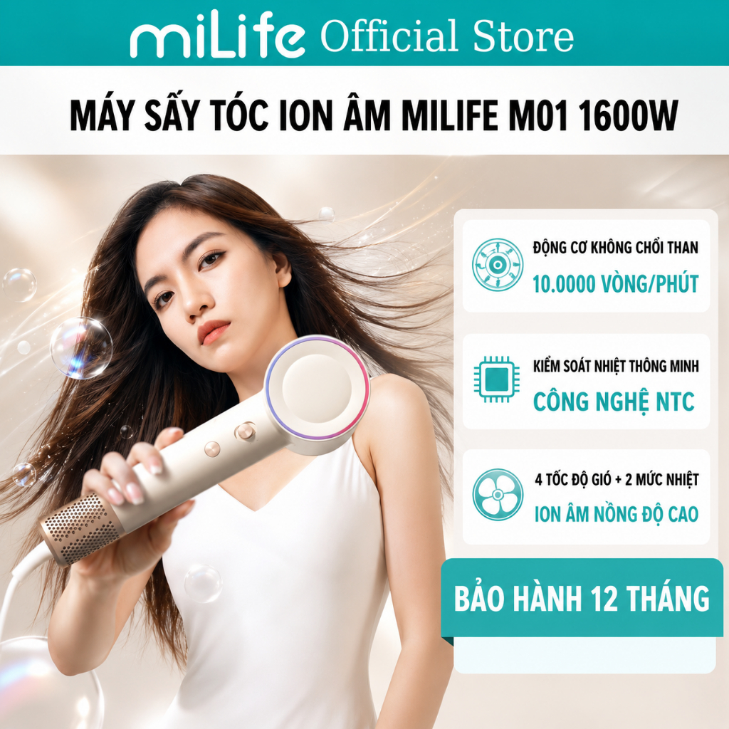 Máy sấy tóc miLife M01 cao cấp, 1600w có 60 triệu ion âm, 2 tốc độ gió 4 mức nhiệt